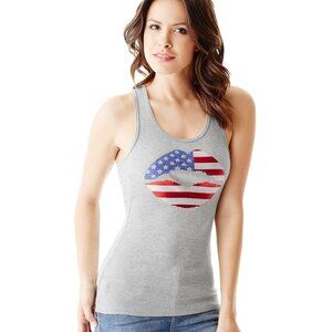 Guess Sammy Sequin Flag Lips Grey Ribbed Tank Top